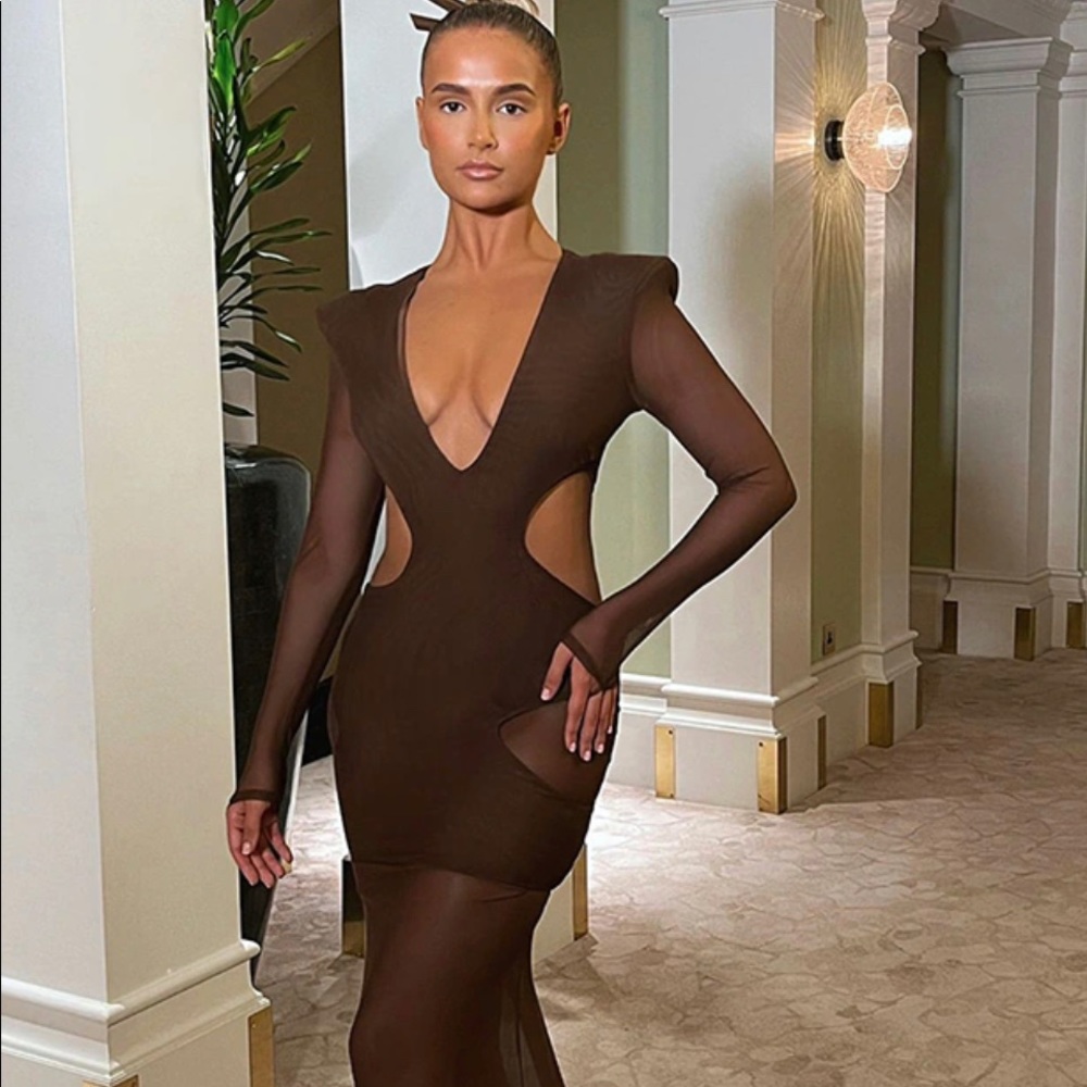 PrettyLittleThing Chocolate Mesh Cut Out Layered Maxi Dress.
